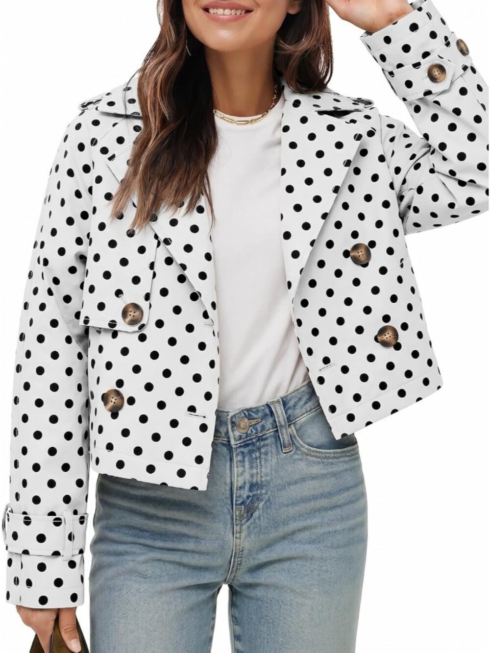 Women White Cropped Polka Dot Double Breasted Oversized Lapel Collar Trench Coat
